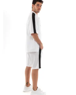 Completo Set Coordinato Uomo Viscosa Camicia Con Colletto Bermuda Outfit Bianco GIOSAL-OU2367A