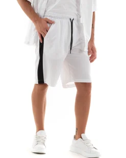 Completo Set Coordinato Uomo Viscosa Camicia Con Colletto Bermuda Outfit Bianco GIOSAL-OU2367A