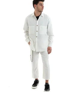Completo Set Coordinato Uomo Viscosa Camicia Con Colletto Pantaloni Outfit Bianco GIOSAL-OU2254A