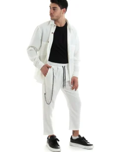 Completo Set Coordinato Uomo Viscosa Camicia Con Colletto Pantaloni Outfit Bianco GIOSAL-OU2254A