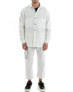 Completo Set Coordinato Uomo Viscosa Camicia Con Colletto Pantaloni Outfit Bianco GIOSAL-OU2254A