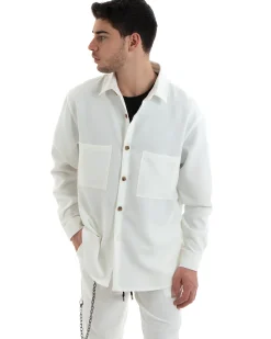 Completo Set Coordinato Uomo Viscosa Camicia Con Colletto Pantaloni Outfit Bianco GIOSAL-OU2254A