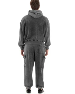 Completo Tuta Uomo Basic Felpa Con Cappuccio Pantaloni Cargo Con Tasconi Cotone Garzato StoneWashed Slavato Grigio GIOSAL-OU2472A