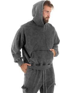 Completo Tuta Uomo Basic Felpa Con Cappuccio Pantaloni Cargo Con Tasconi Cotone Garzato StoneWashed Slavato Grigio GIOSAL-OU2472A