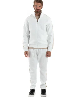 Completo Tuta Uomo Con Bande Laterali Tracksuit Caldo Cotone Felpa Con Zip Pantaloni Con Coulisse Fondo Largo Bicolore Bianco GIOSAL-OU2475A