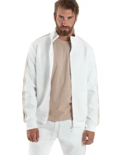 Completo Tuta Uomo Con Bande Laterali Tracksuit Caldo Cotone Felpa Con Zip Pantaloni Con Coulisse Fondo Largo Bicolore Bianco GIOSAL-OU2475A