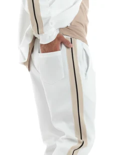 Completo Tuta Uomo Con Bande Laterali Tracksuit Caldo Cotone Felpa Con Zip Pantaloni Con Coulisse Fondo Largo Bicolore Bianco GIOSAL-OU2475A