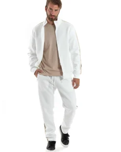 Completo Tuta Uomo Con Bande Laterali Tracksuit Caldo Cotone Felpa Con Zip Pantaloni Con Coulisse Fondo Largo Bicolore Bianco GIOSAL-OU2475A