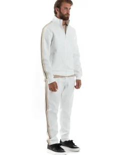 Completo Tuta Uomo Con Bande Laterali Tracksuit Caldo Cotone Felpa Con Zip Pantaloni Con Coulisse Fondo Largo Bicolore Bianco GIOSAL-OU2475A