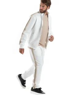 Completo Tuta Uomo Con Bande Laterali Tracksuit Caldo Cotone Felpa Con Zip Pantaloni Con Coulisse Fondo Largo Bicolore Bianco GIOSAL-OU2475A