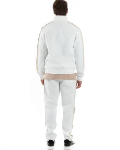 Completo Tuta Uomo Con Bande Laterali Tracksuit Caldo Cotone Felpa Con Zip Pantaloni Con Coulisse Fondo Largo Bicolore Bianco GIOSAL-OU2475A