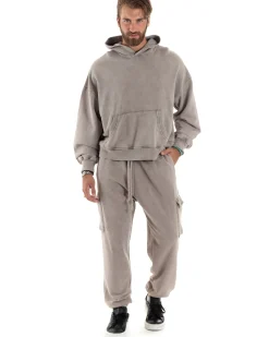 Completo Tuta Uomo Felpa Cappuccio Pantaloni Cargo Cotone Garzato StoneWashed Beige OU2473A