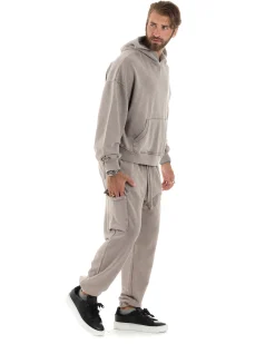Completo Tuta Uomo Felpa Cappuccio Pantaloni Cargo Cotone Garzato StoneWashed Beige OU2473A