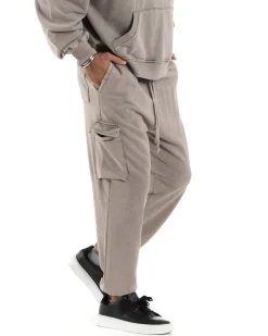 Completo Tuta Uomo Felpa Cappuccio Pantaloni Cargo Cotone Garzato StoneWashed Beige OU2473A