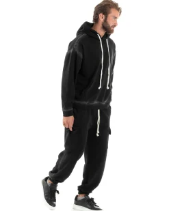 Completo Tuta Uomo Slavato Caldo Cotone Tracksuit Felpa Pantaloni Cargo Nero OU2476A