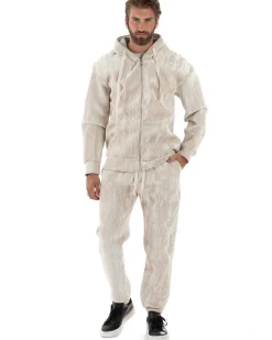 Completo Tuta Uomo Velluto Tracksuit Felpa Con Cappuccio Con Zip Pantaloni Con Coulisse Pantalaccio Panna GIOSAL-OU2479A