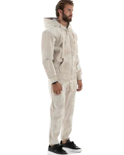 Completo Tuta Uomo Velluto Tracksuit Felpa Con Cappuccio Con Zip Pantaloni Con Coulisse Pantalaccio Panna GIOSAL-OU2479A