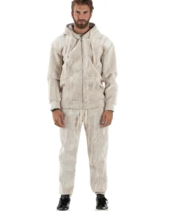 Completo Tuta Uomo Velluto Tracksuit Felpa Con Cappuccio Con Zip Pantaloni Con Coulisse Pantalaccio Panna GIOSAL-OU2479A