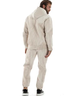 Completo Tuta Uomo Velluto Tracksuit Felpa Con Cappuccio Con Zip Pantaloni Con Coulisse Pantalaccio Panna GIOSAL-OU2479A