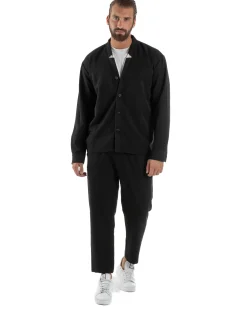 Coordinato Camicia Scollo V Pantaloni Viscosa Casual Nero OU2536A