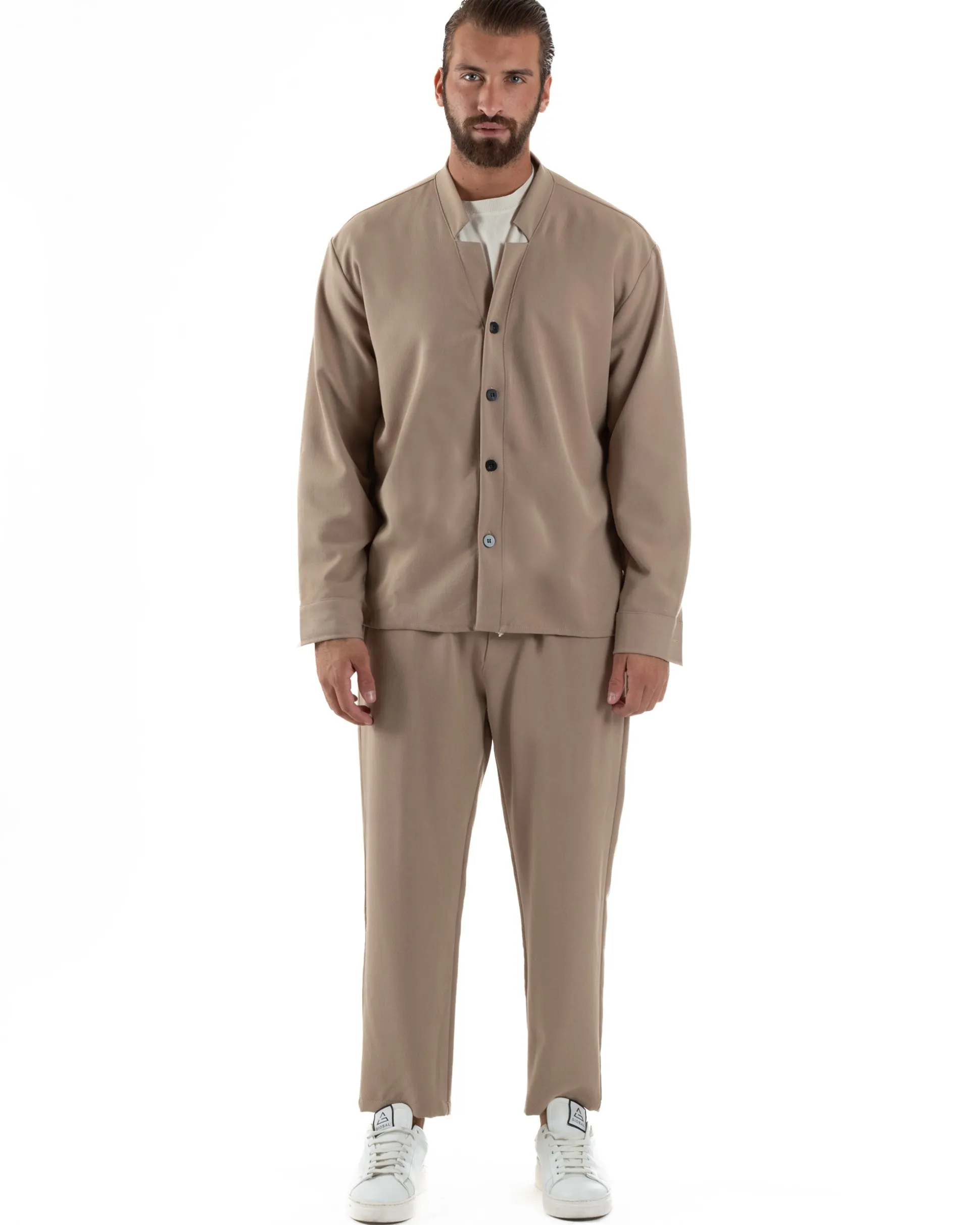 Coordinato Camicia Scollo V Pantaloni Viscosa Casual Beige OU2535A