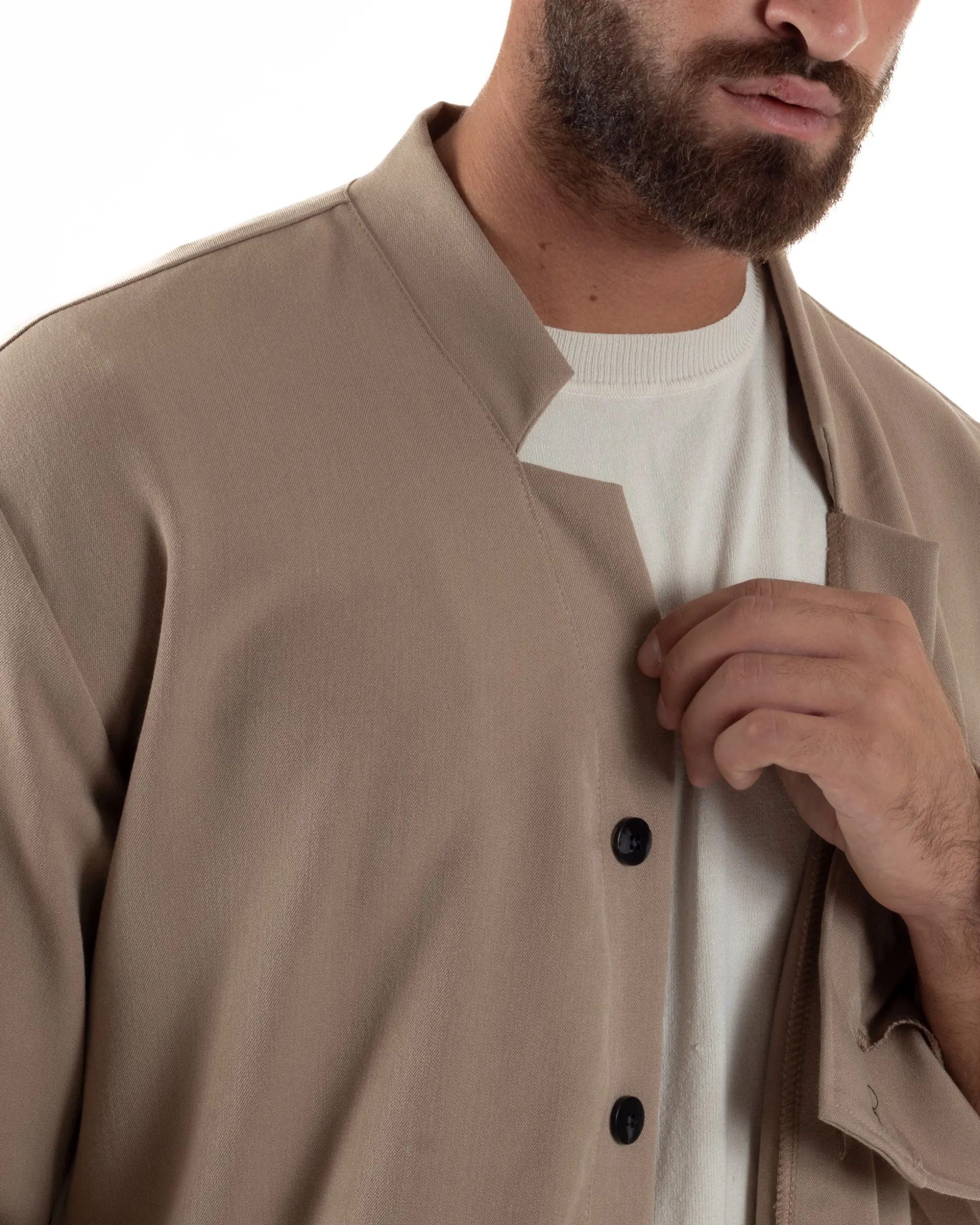 Coordinato Camicia Scollo V Pantaloni Viscosa Casual Beige OU2535A