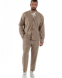 Coordinato Camicia Scollo V Pantaloni Viscosa Casual Beige OU2535A