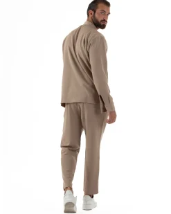Coordinato Camicia Scollo V Pantaloni Viscosa Casual Beige OU2535A