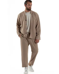 Coordinato Camicia Scollo V Pantaloni Viscosa Casual Beige OU2535A