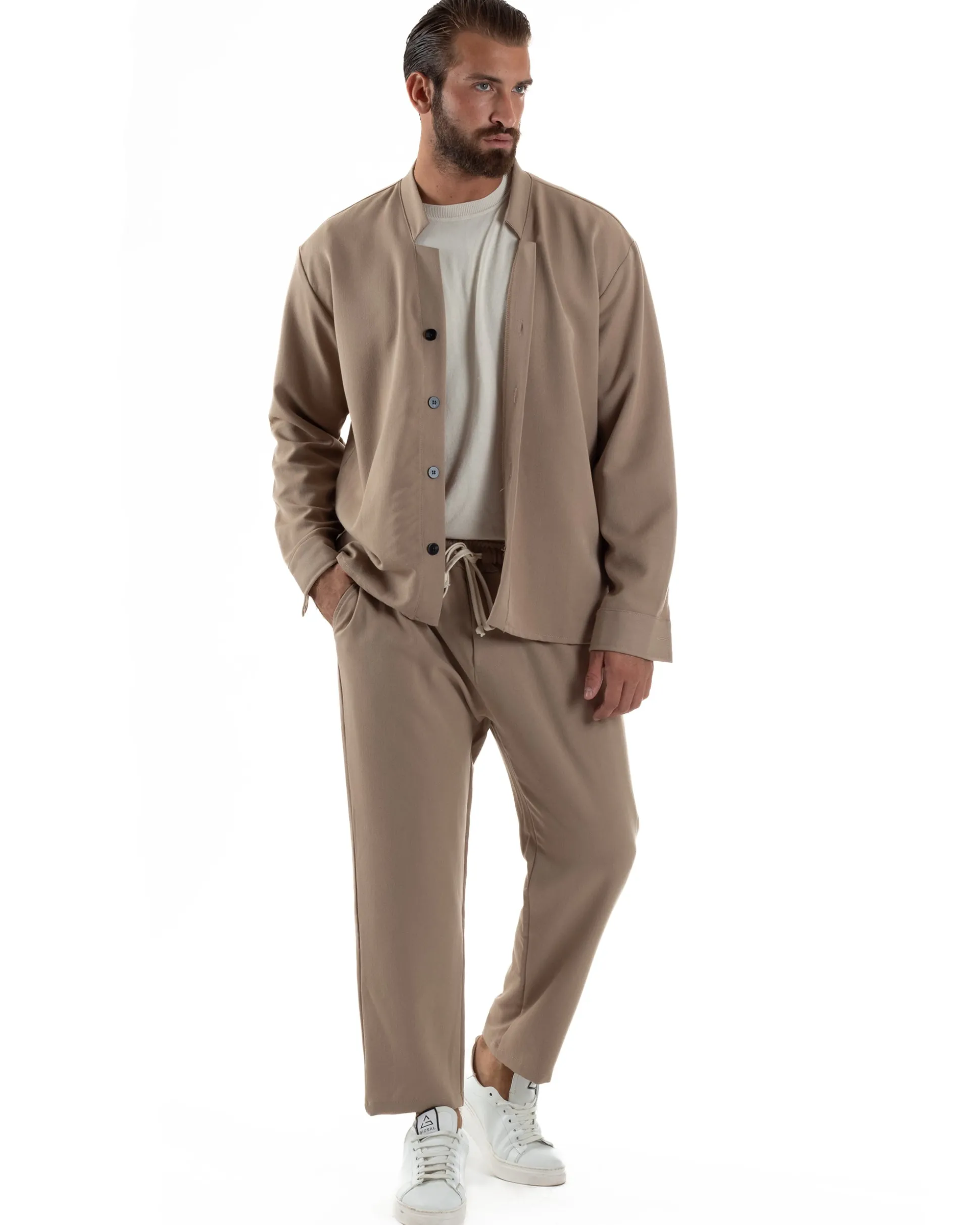 Coordinato Camicia Scollo V Pantaloni Viscosa Casual Beige OU2535A
