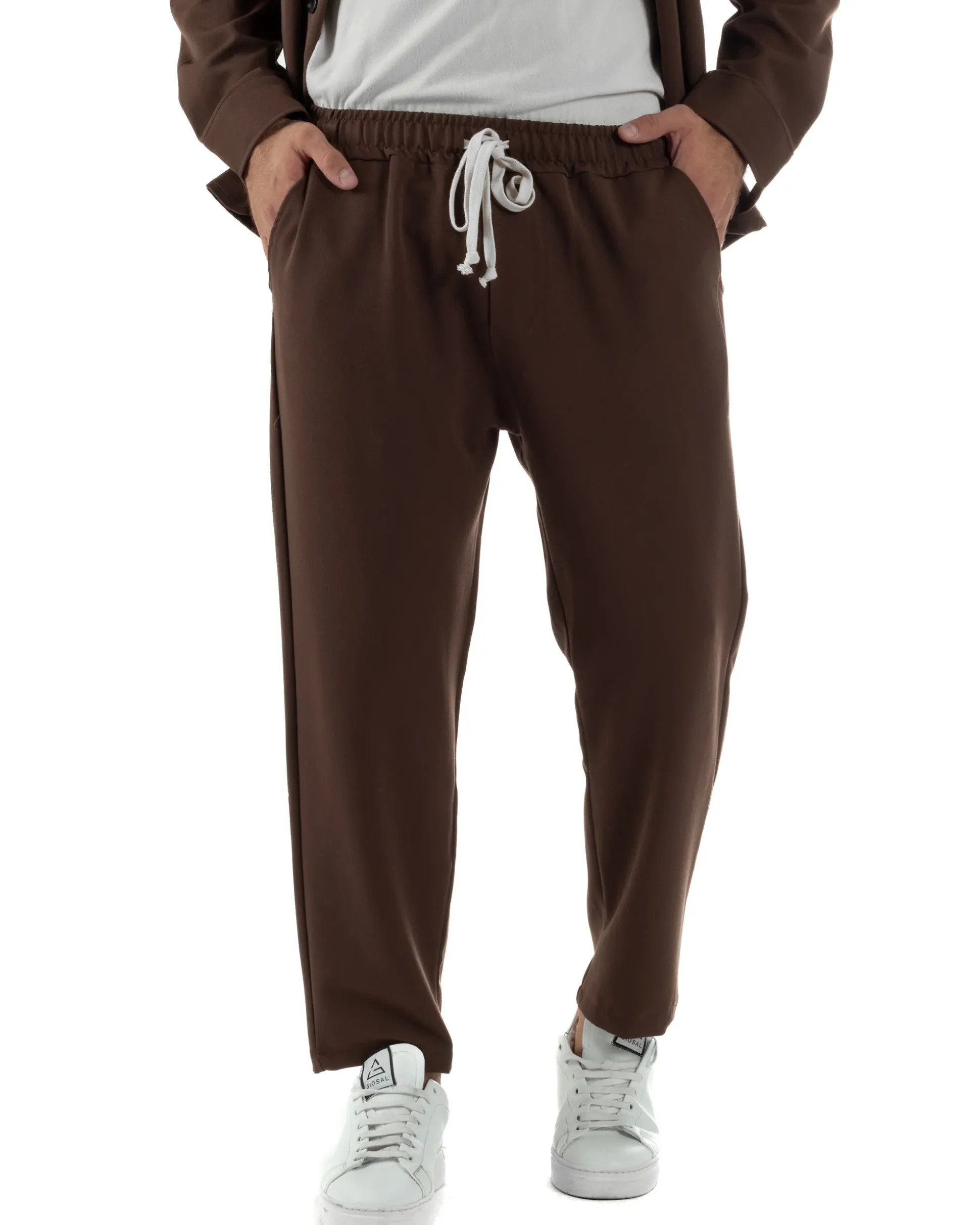 Coordinato Camicia Scollo V Pantaloni Viscosa Casual Marrone OU2534A
