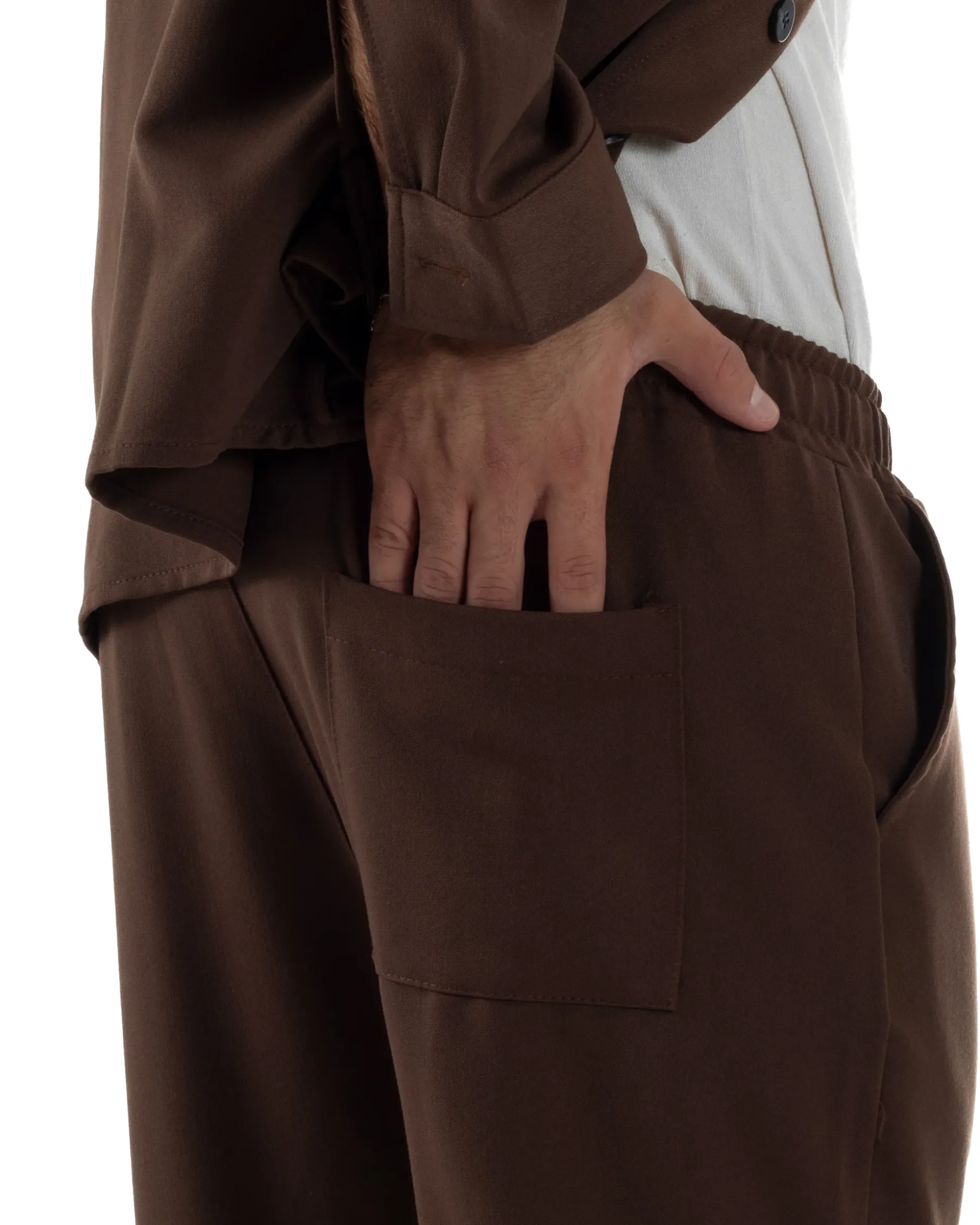 Coordinato Camicia Scollo V Pantaloni Viscosa Casual Marrone OU2534A