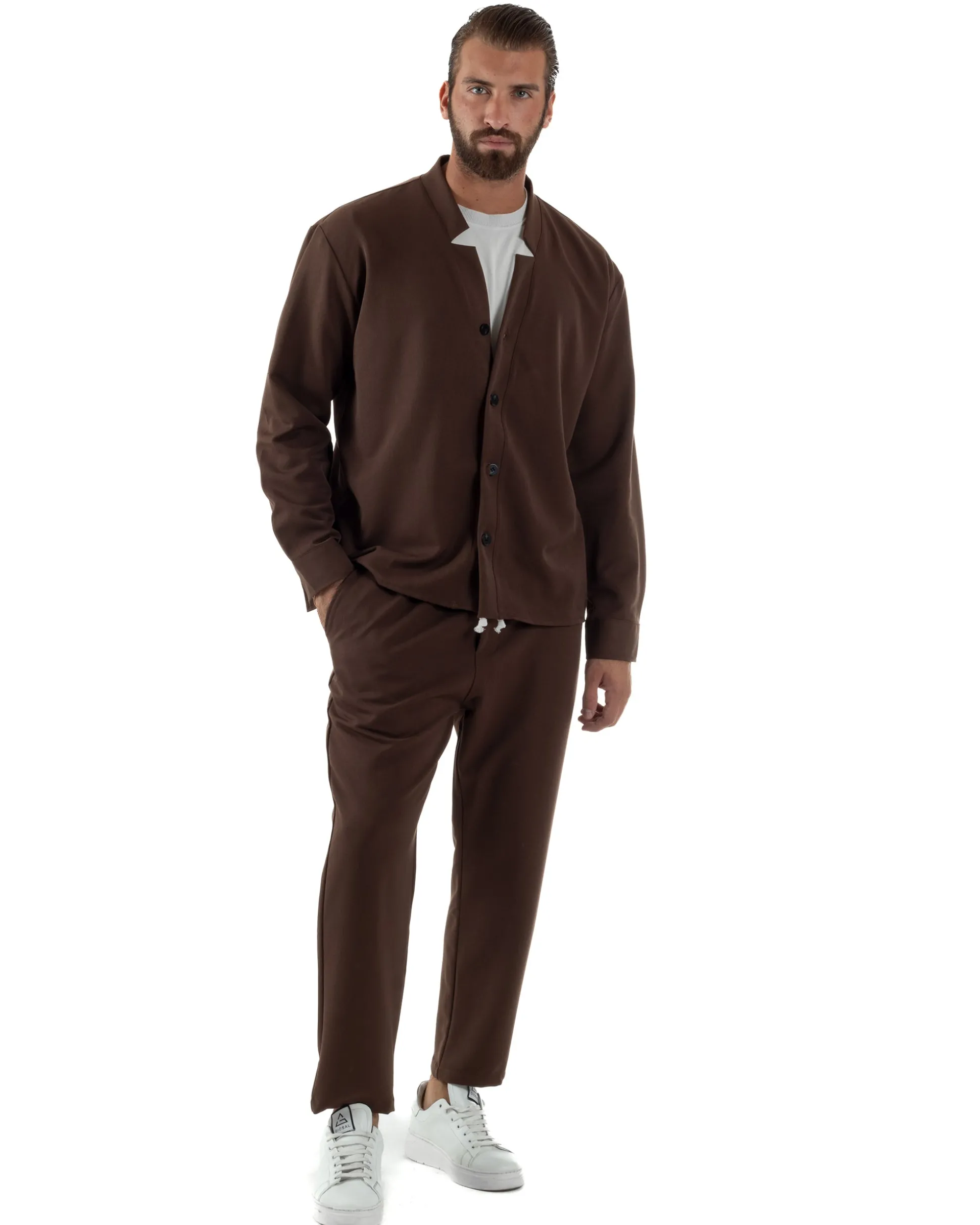 Coordinato Camicia Scollo V Pantaloni Viscosa Casual Marrone OU2534A
