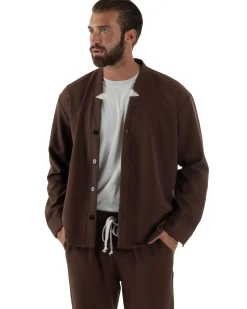 Coordinato Camicia Scollo V Pantaloni Viscosa Casual Marrone OU2534A
