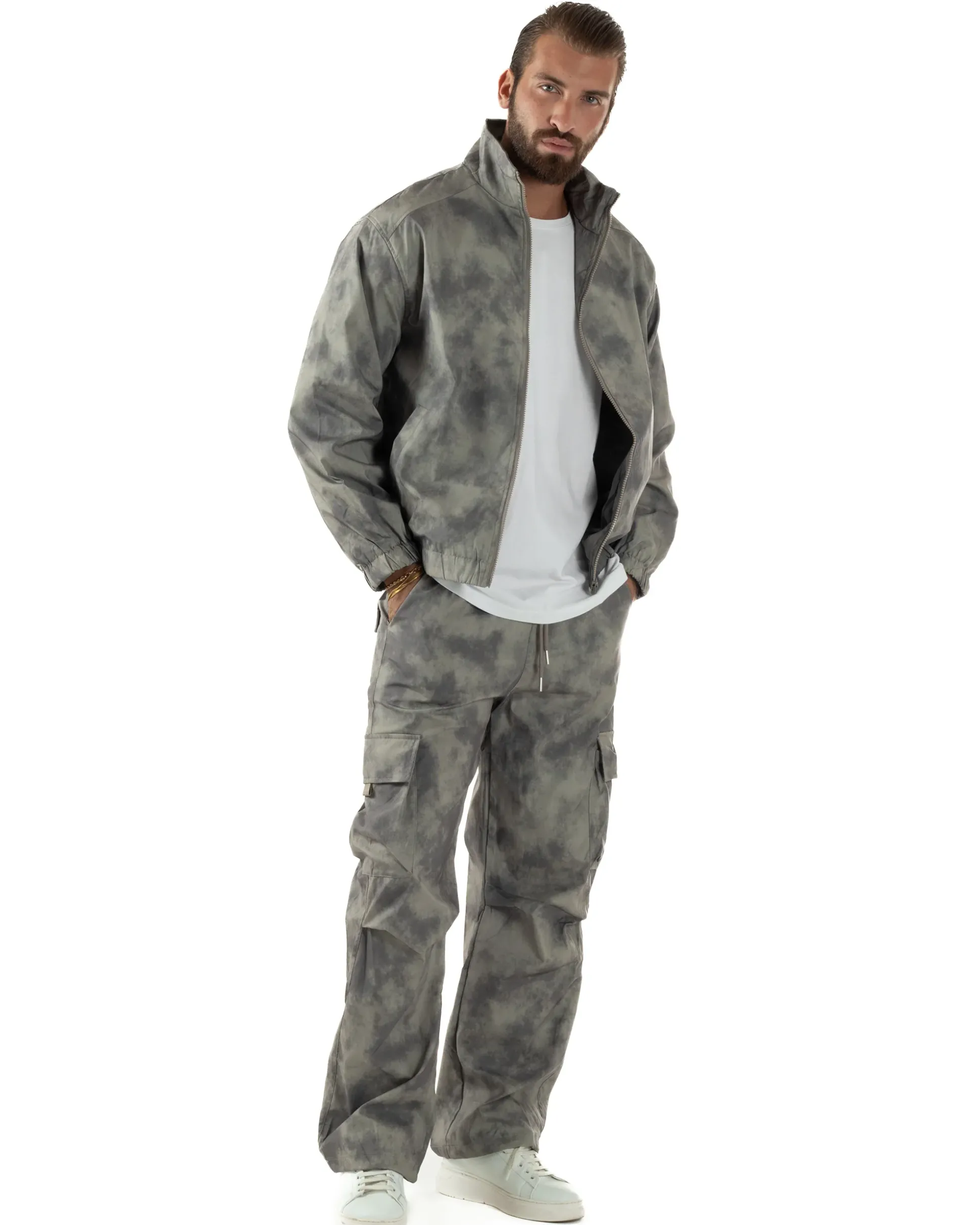 Coordinato Tuta Giacca Giubbotto Pantaloni Baggy Cargo Tie Dye Verde OU2530A
