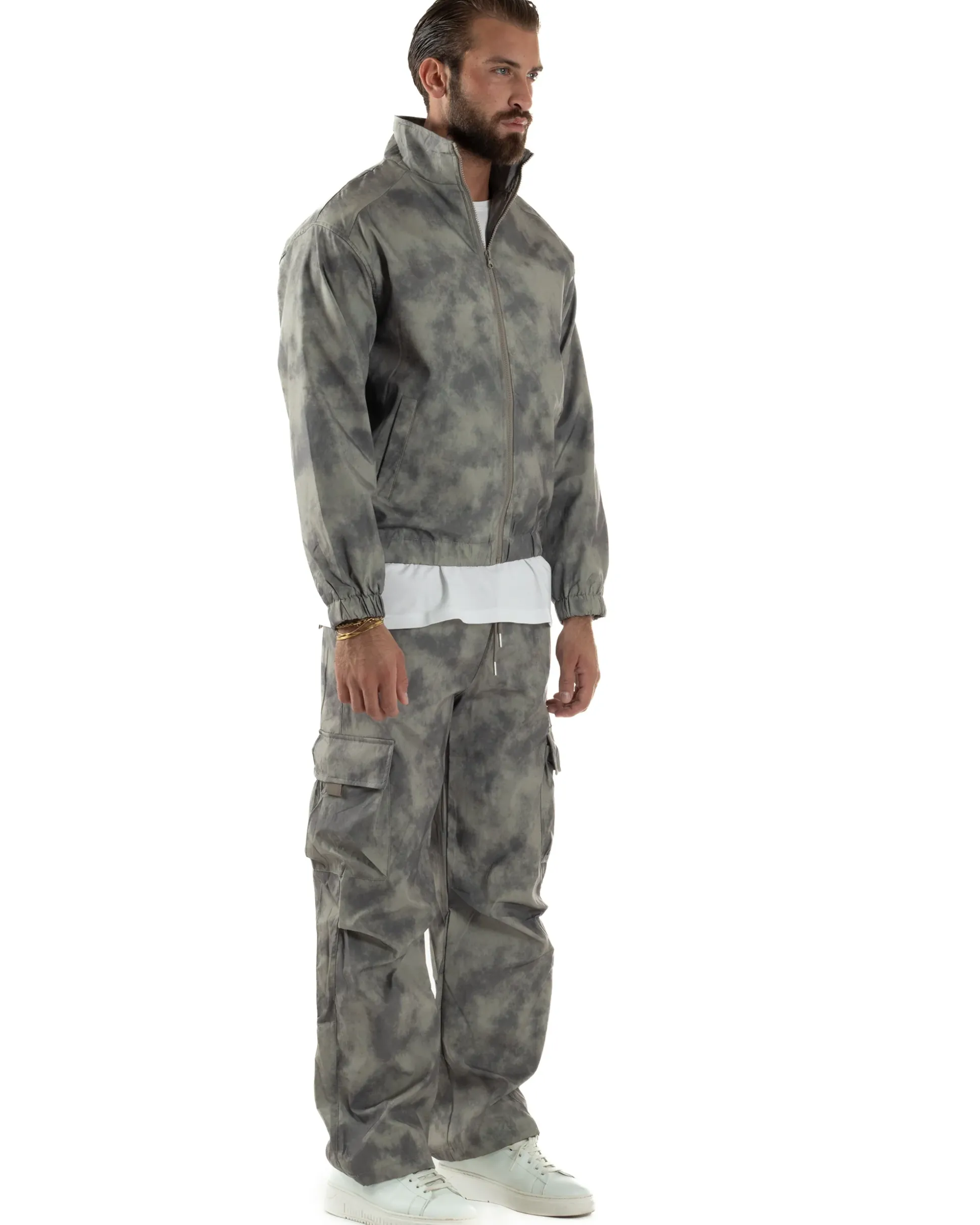 Coordinato Tuta Giacca Giubbotto Pantaloni Baggy Cargo Tie Dye Verde OU2530A