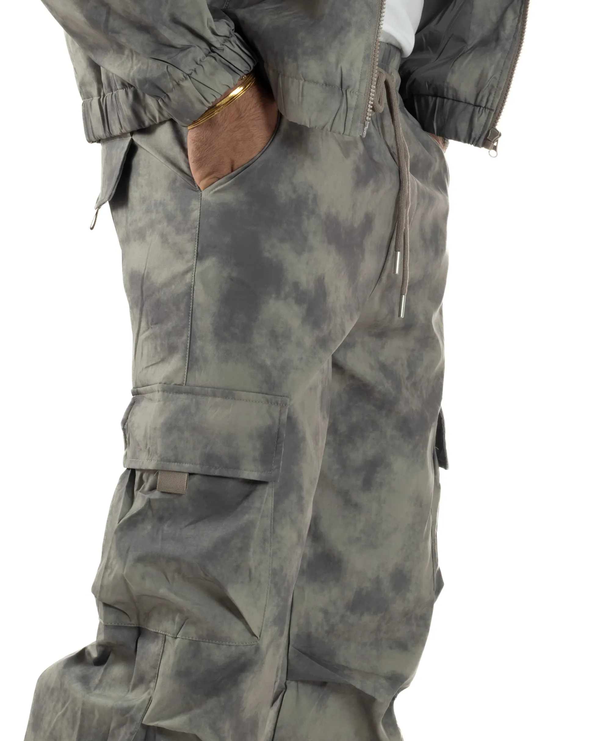 Coordinato Tuta Giacca Giubbotto Pantaloni Baggy Cargo Tie Dye Verde OU2530A