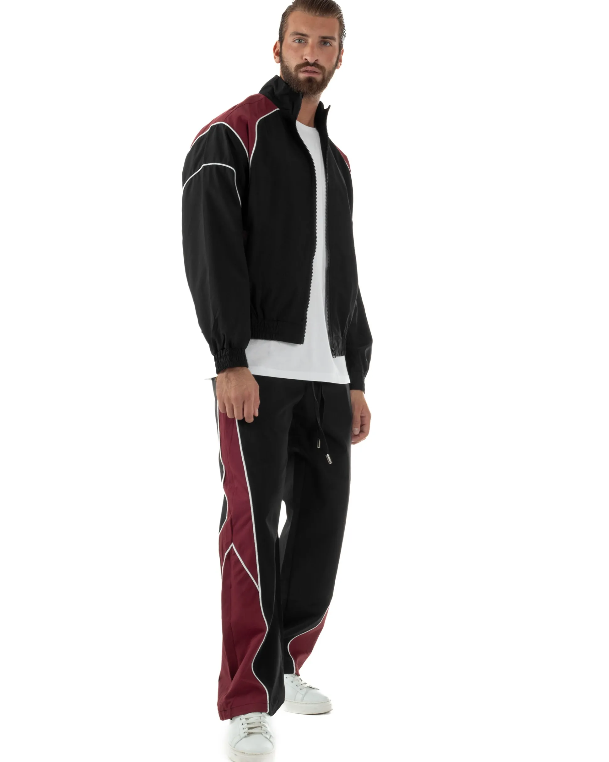 Coordinato Tuta Giacca Giubbotto Pantaloni Baggy Outfit Bicolore Nero OU2533A