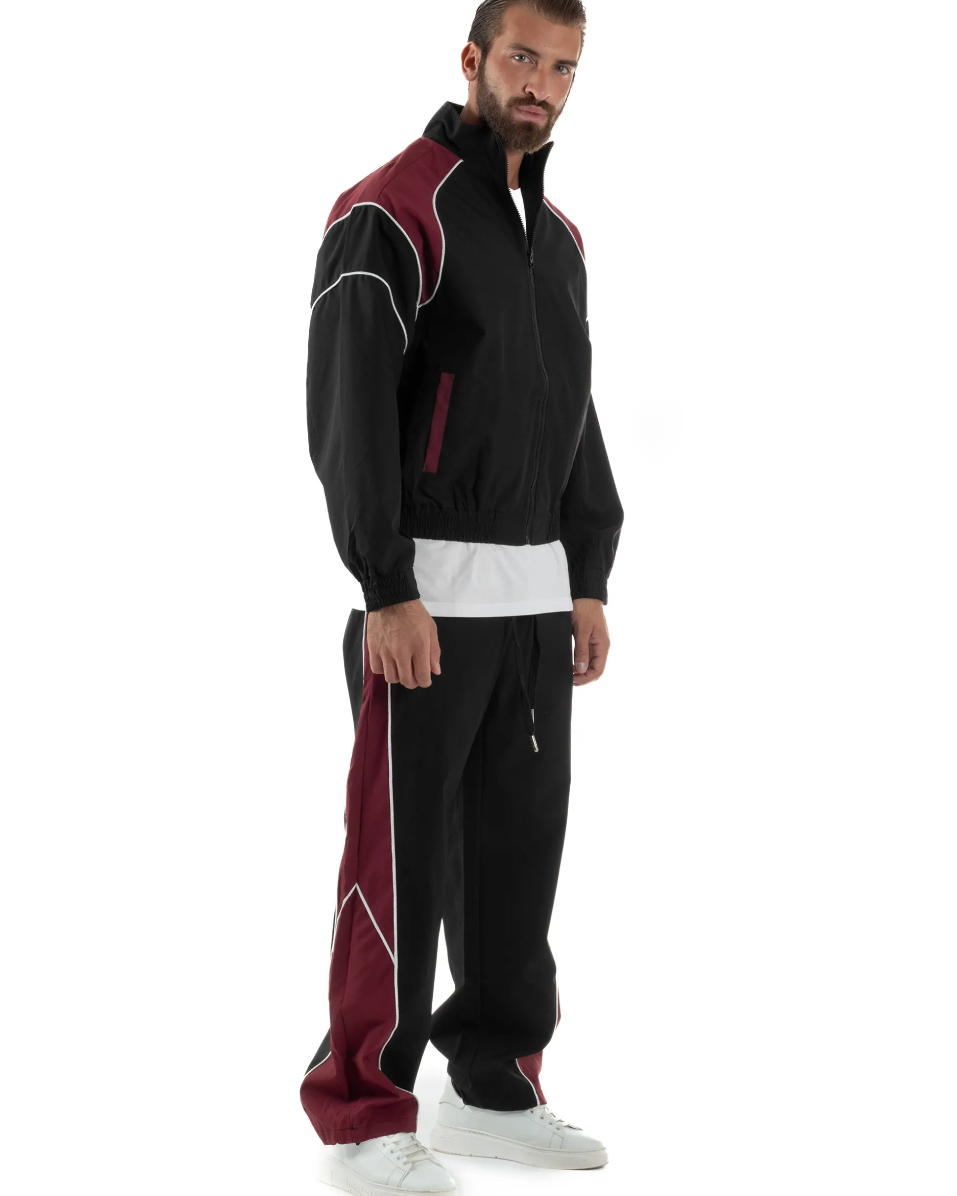 Coordinato Tuta Giacca Giubbotto Pantaloni Baggy Outfit Bicolore Nero OU2533A