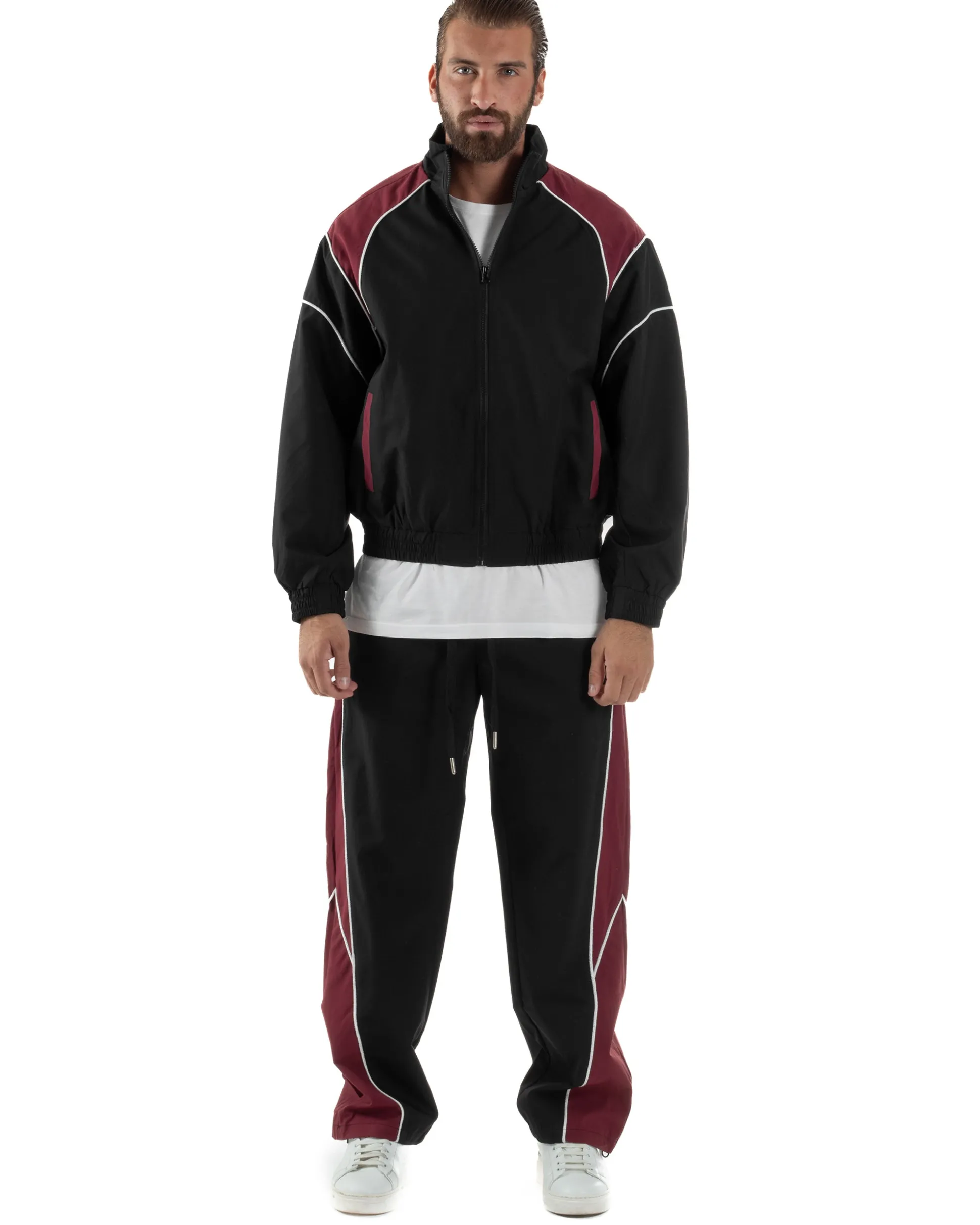 Coordinato Tuta Giacca Giubbotto Pantaloni Baggy Outfit Bicolore Nero OU2533A