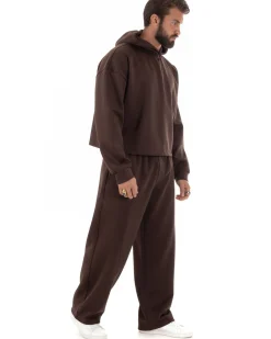 Coordinato tuta uomo viscosa felpa boxy crop pantaloni baggy marrone GIOSAL-OU2553A