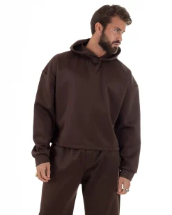 Coordinato tuta uomo viscosa felpa boxy crop pantaloni baggy marrone GIOSAL-OU2553A