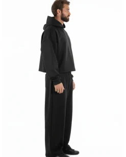 Coordinato tuta uomo viscosa felpa boxy crop pantaloni baggy nero GIOSAL-OU2552A