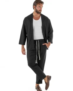 Coordinato uomo completo lino giacca kimono nero GIOSAL-OU2567A
