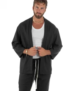 Coordinato uomo completo lino giacca kimono nero GIOSAL-OU2567A