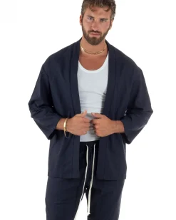 Coordinato uomo completo lino giacca kimono blu GIOSAL-OU2566A