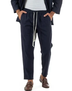 Coordinato uomo completo lino giacca kimono blu GIOSAL-OU2566A