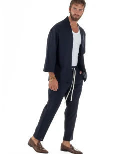 Coordinato uomo completo lino giacca kimono blu GIOSAL-OU2566A