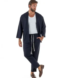 Coordinato uomo completo lino giacca kimono blu GIOSAL-OU2566A