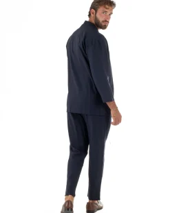 Coordinato uomo completo lino giacca kimono blu GIOSAL-OU2566A